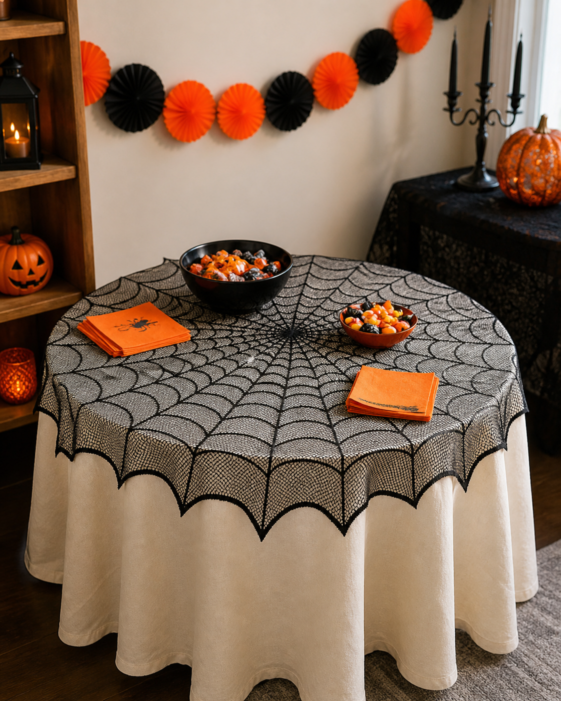Spiderweb table topper party styling concept: party corner