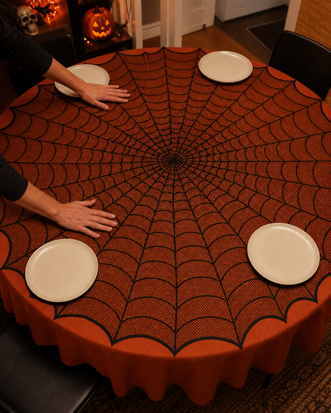 Spiderweb table topper party styling concept: getting the table ready