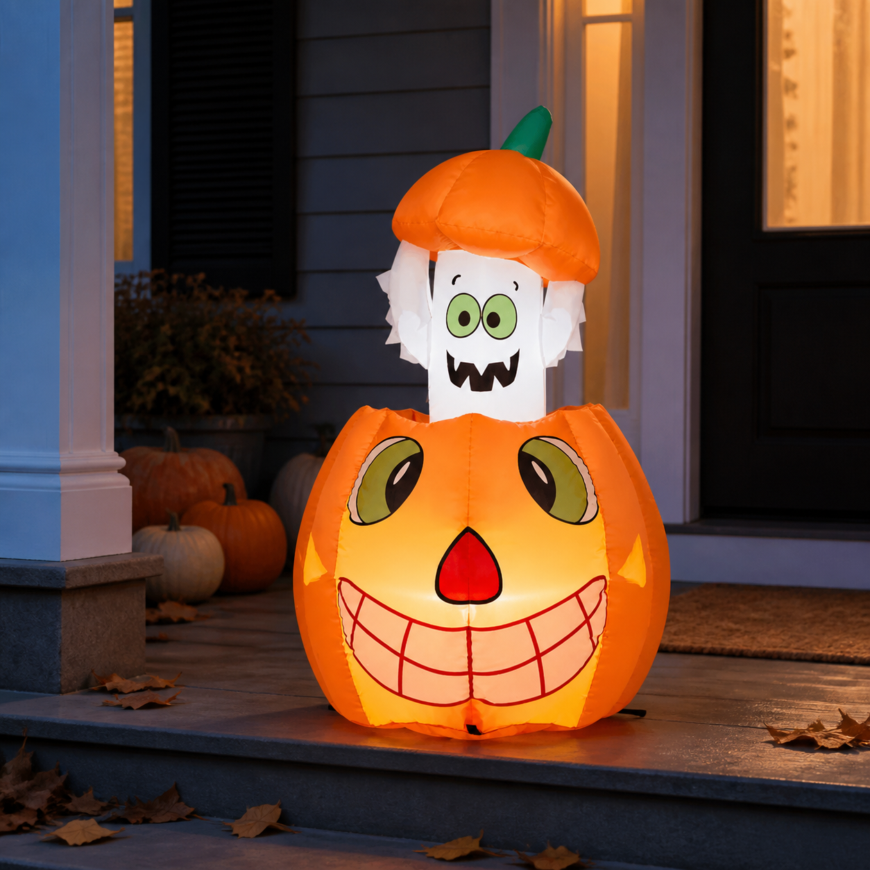 Light-up pumpkin ghost inflatable displayed on an American front porch at dusk