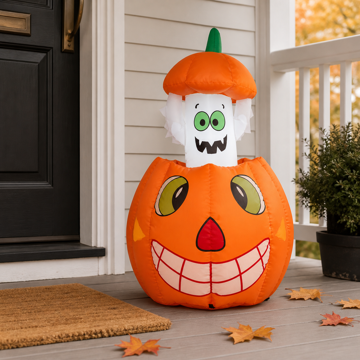 Pumpkin ghost inflatable shown on a covered porch in daylight