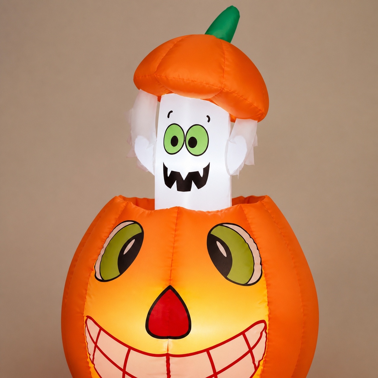 Close detail of the white ghost, orange cap and green stem