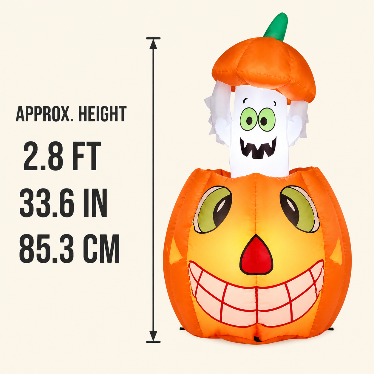 Pumpkin ghost inflatable approximate height: 2.8 feet, 33.6 inches, 85.3 centimetres