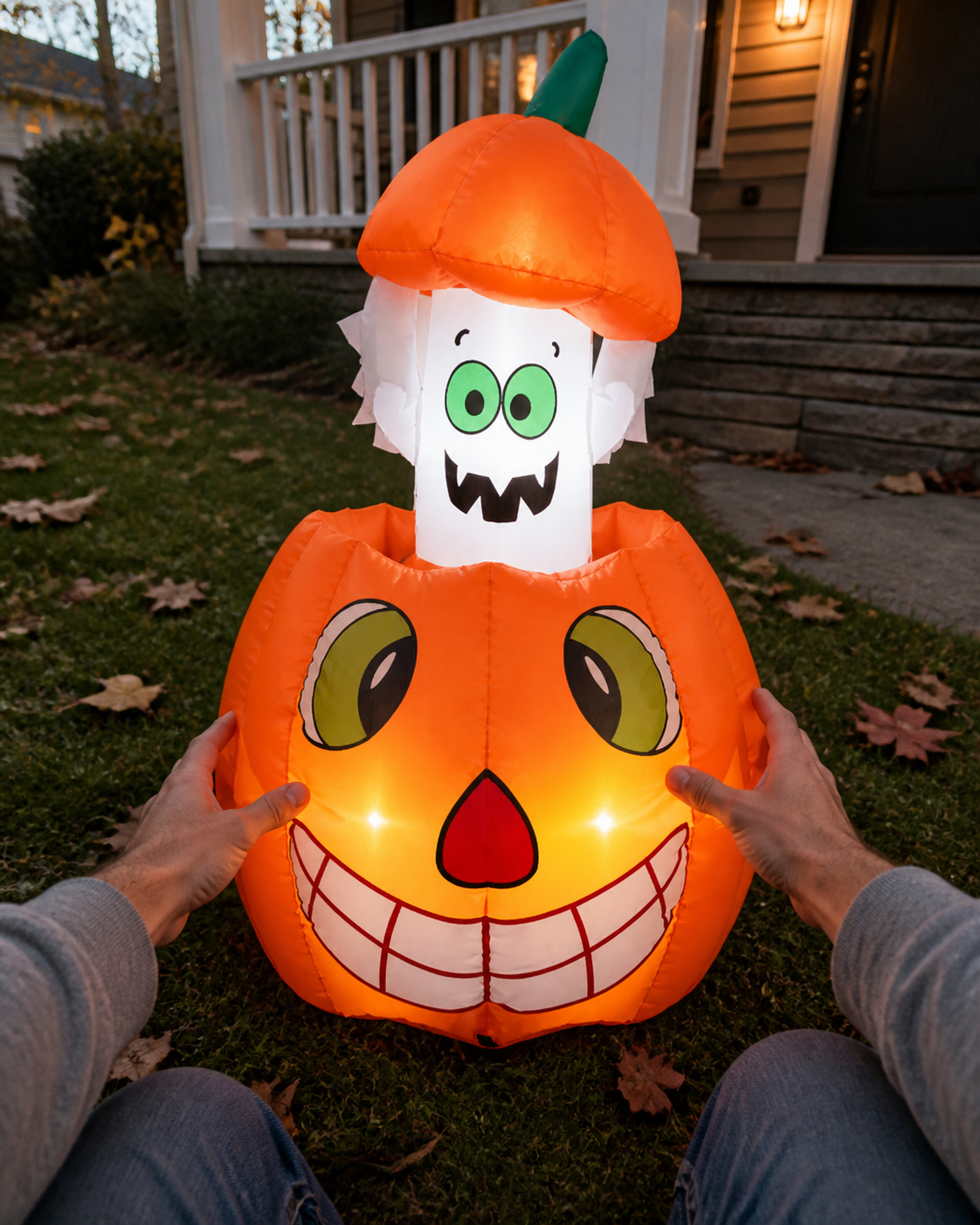 Pumpkin ghost inflatable styling concept in front-lawn setup