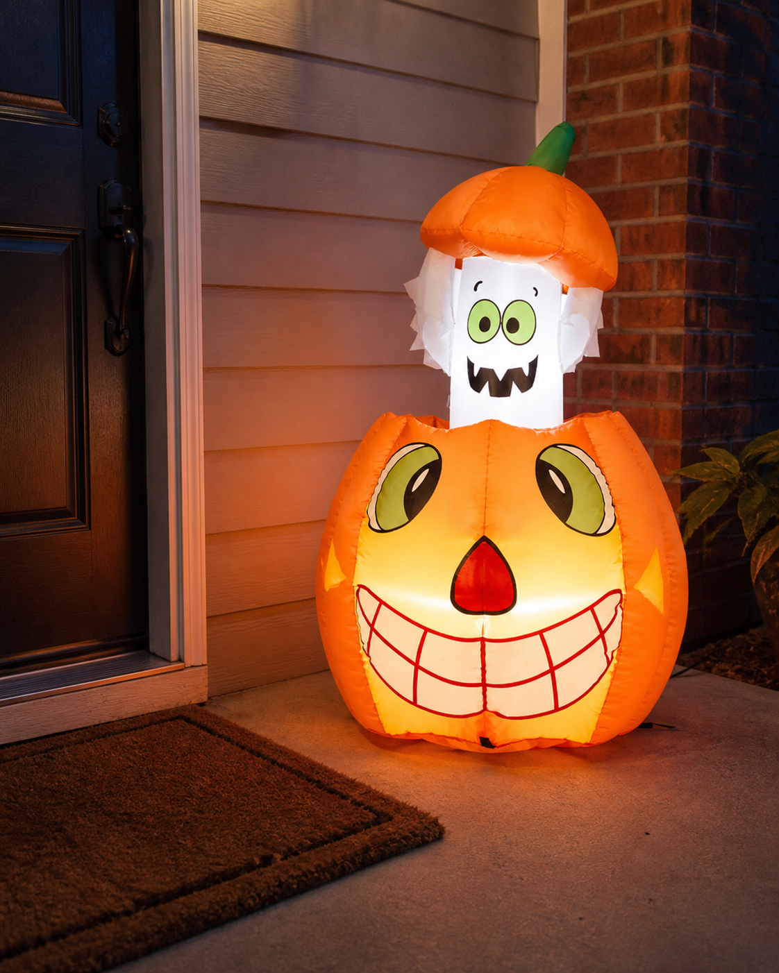 Pumpkin ghost inflatable styling concept in porch at twilight