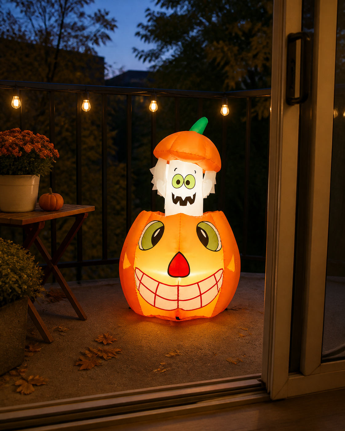 Pumpkin ghost inflatable styling concept in view from the doorway