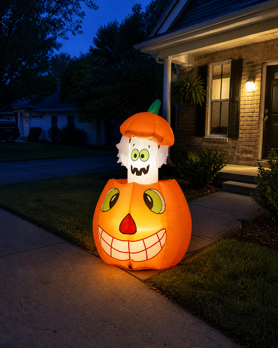 Pumpkin ghost inflatable styling concept in driveway walkway