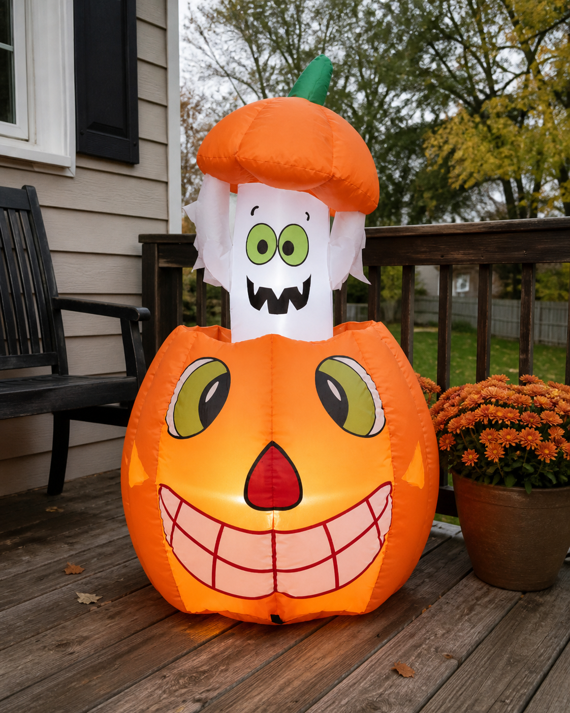 Pumpkin ghost inflatable styling concept in daytime patio