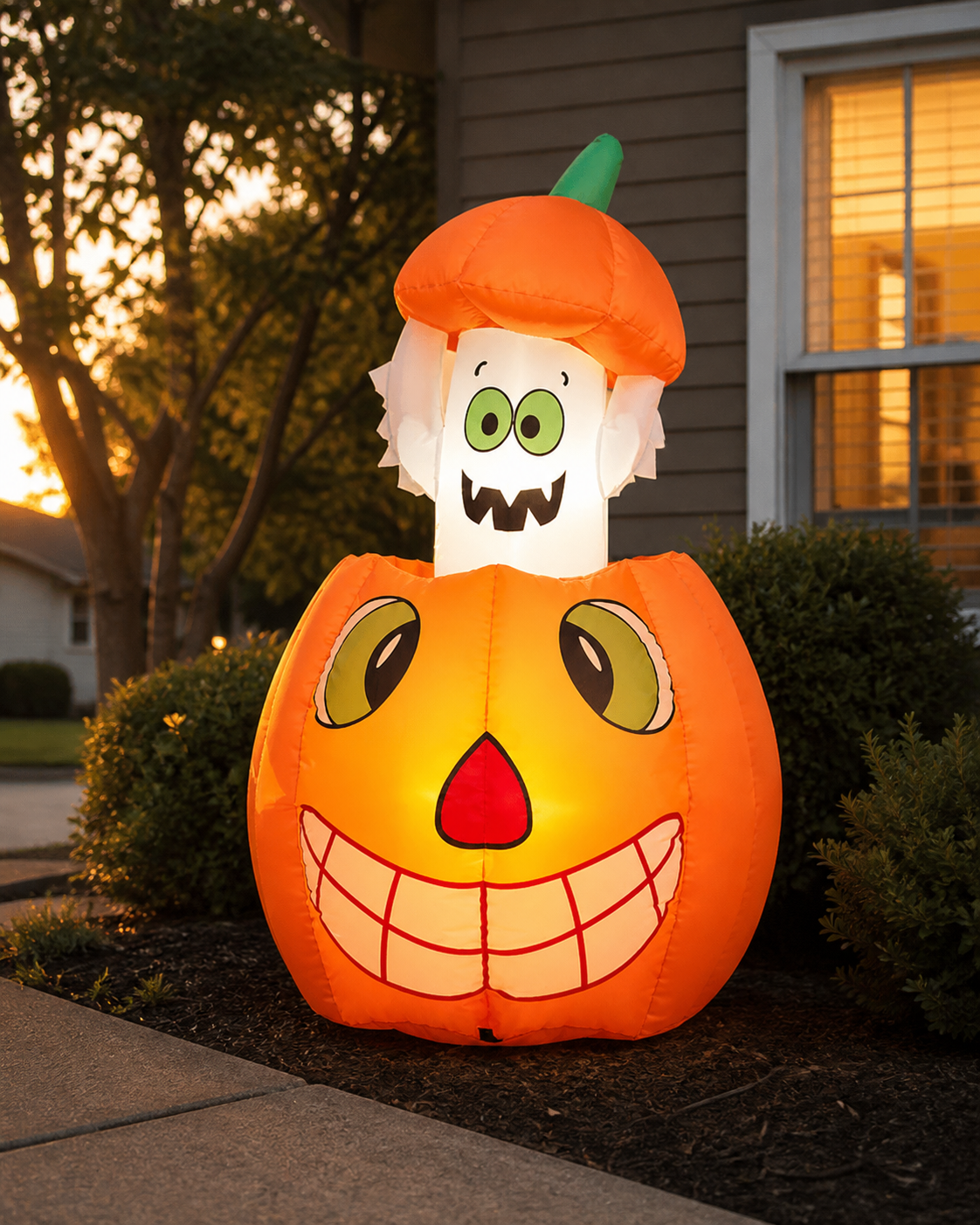 Pumpkin ghost inflatable styling concept in golden-hour lawn