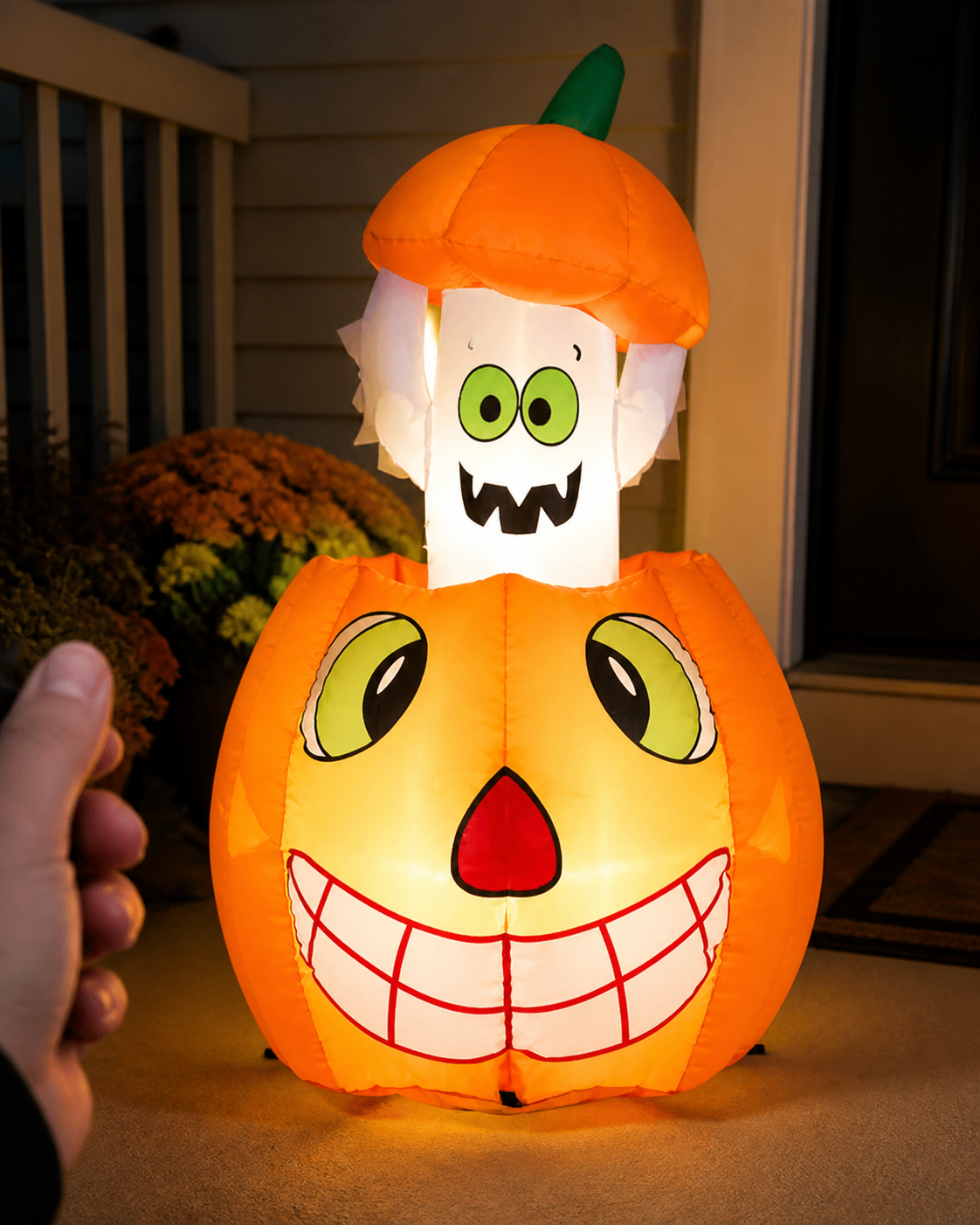 Pumpkin ghost inflatable styling concept in porch close view