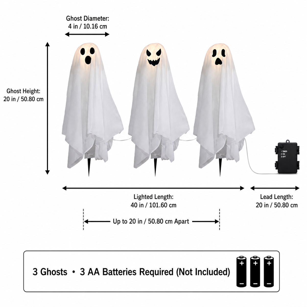 Size guide for 20-inch ghosts, 4-inch diameter, 40-inch lighted length and 20-inch lead