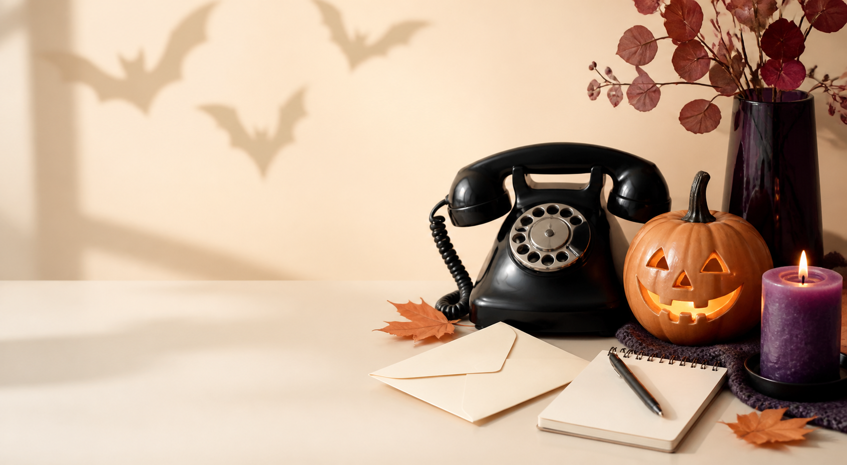 Halloween contact still life with telephone pumpkin and stationery