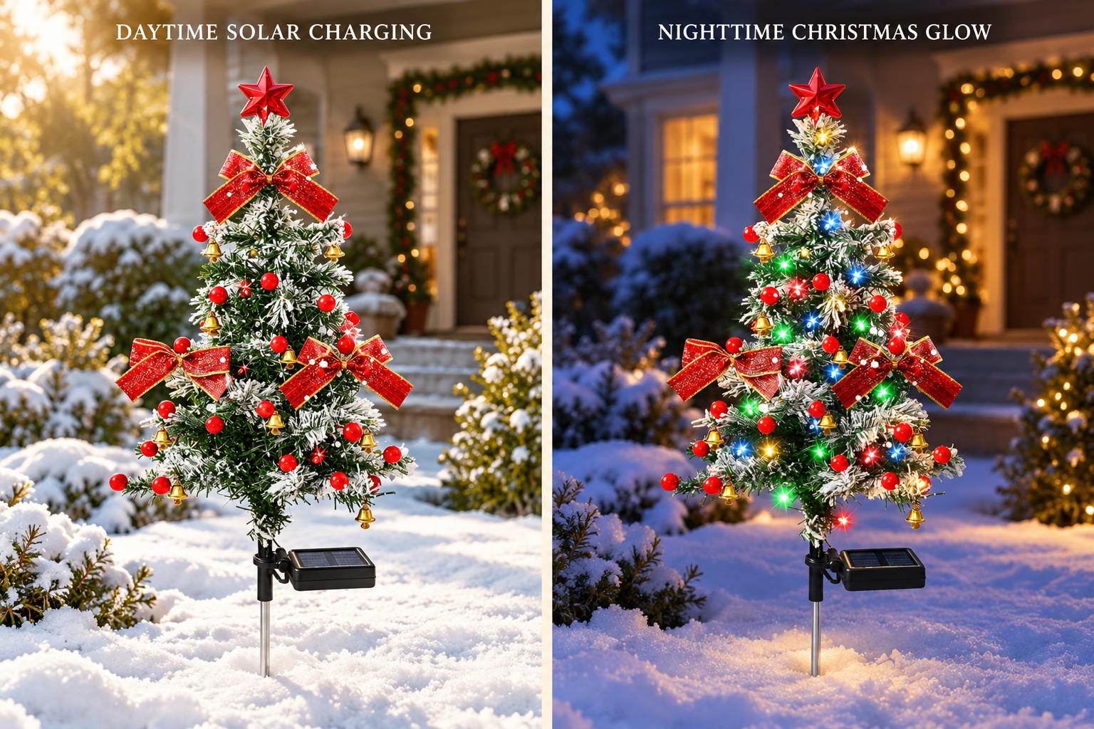 The same solar Christmas tree stake light shown charging in daylight and glowing after dark