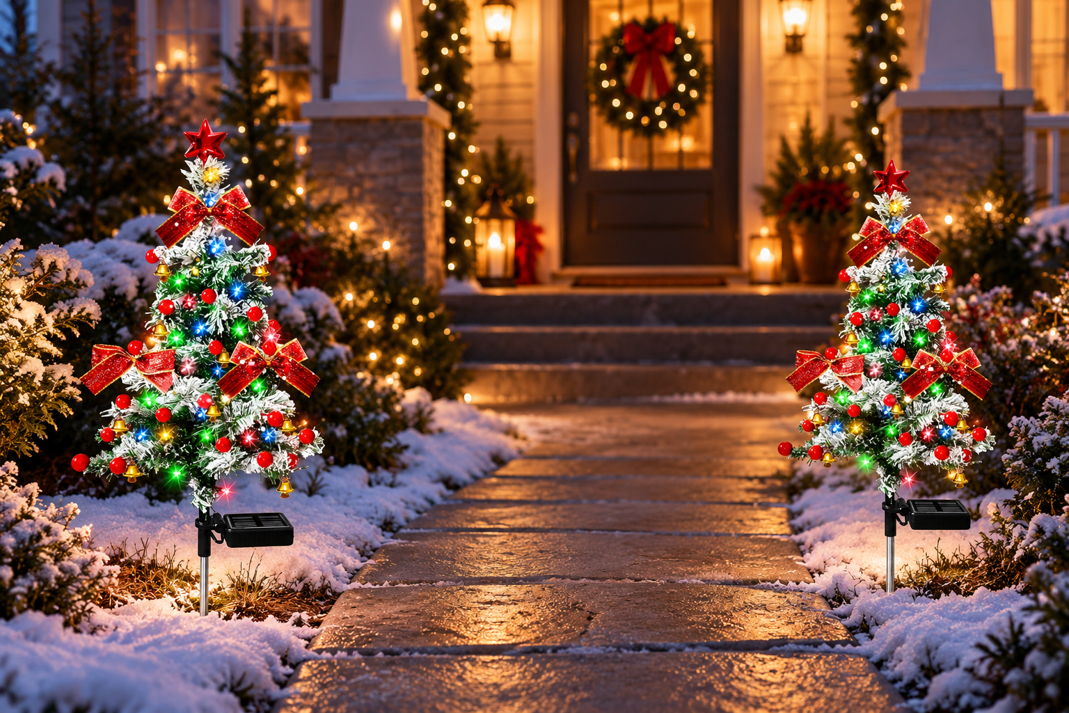 Two Christmas tree solar stake lights framing a festive garden path