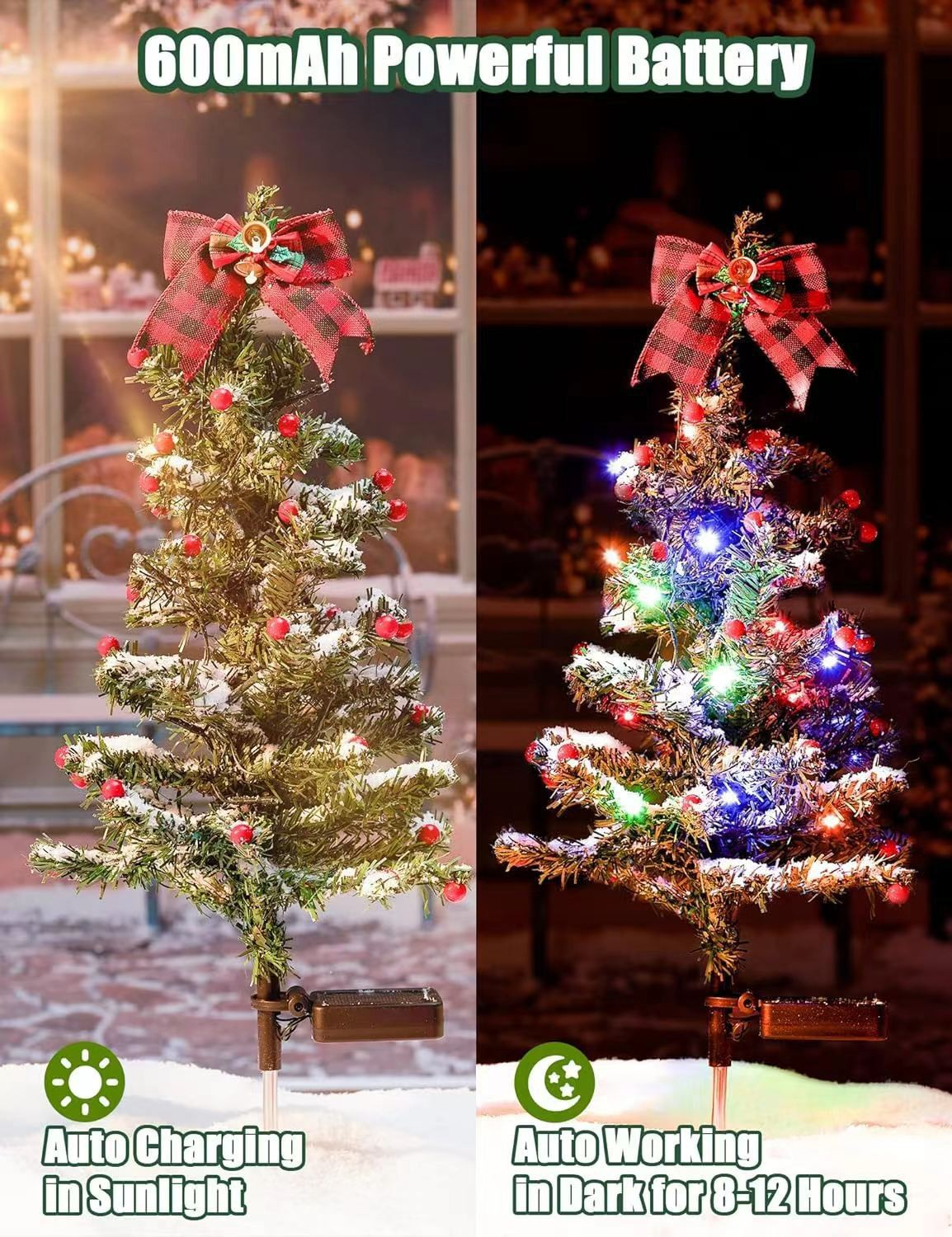 Christmas tree solar stake light with a bow, shown before and after dark
