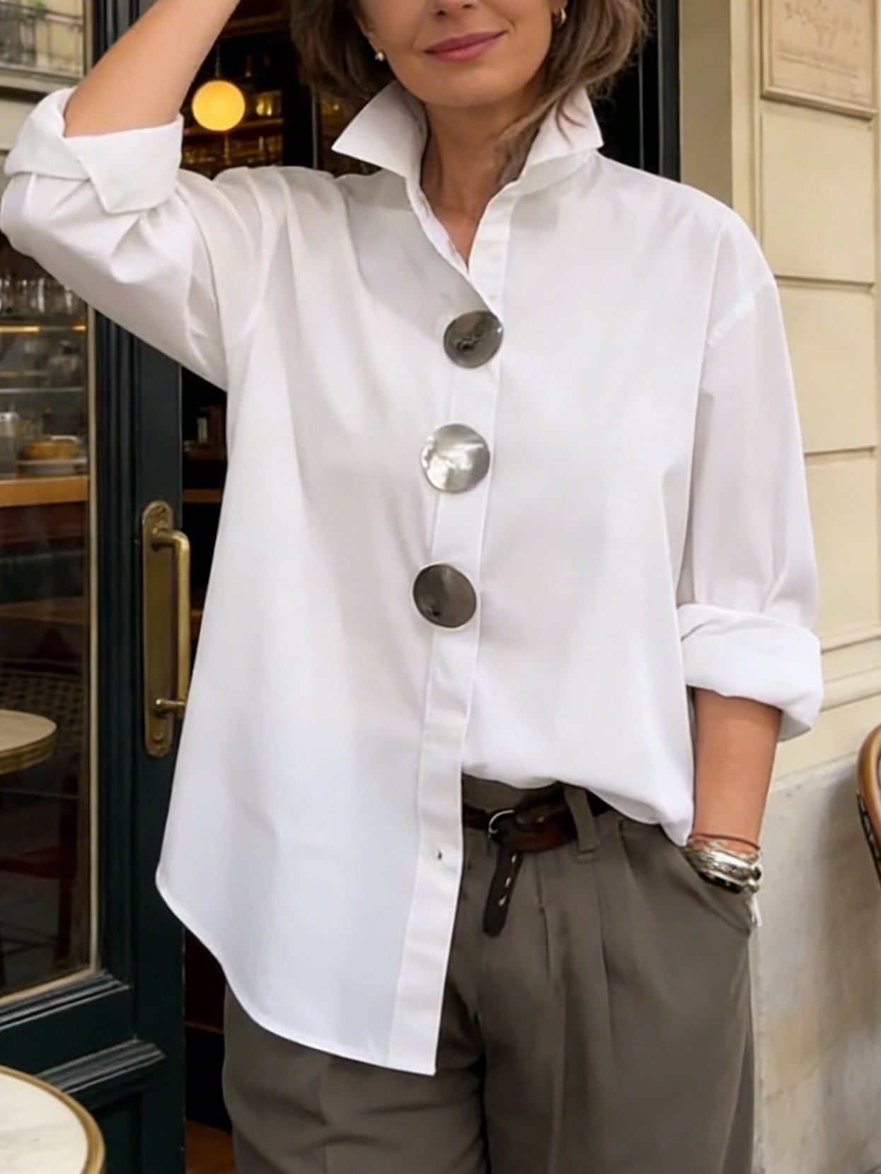 🔥Heißer Verkauf jetzt！🔥Elegante Bluse aus Baumwollleinen mit Stehkragen und Metallknöpfen