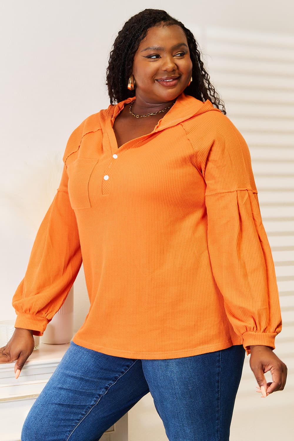 Orange waffle knit hoodie detail 7