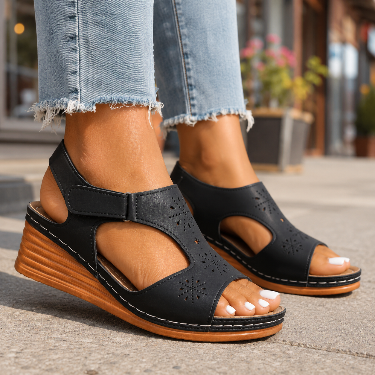Meadowcut wedge sandals: Classic Black with Denim
