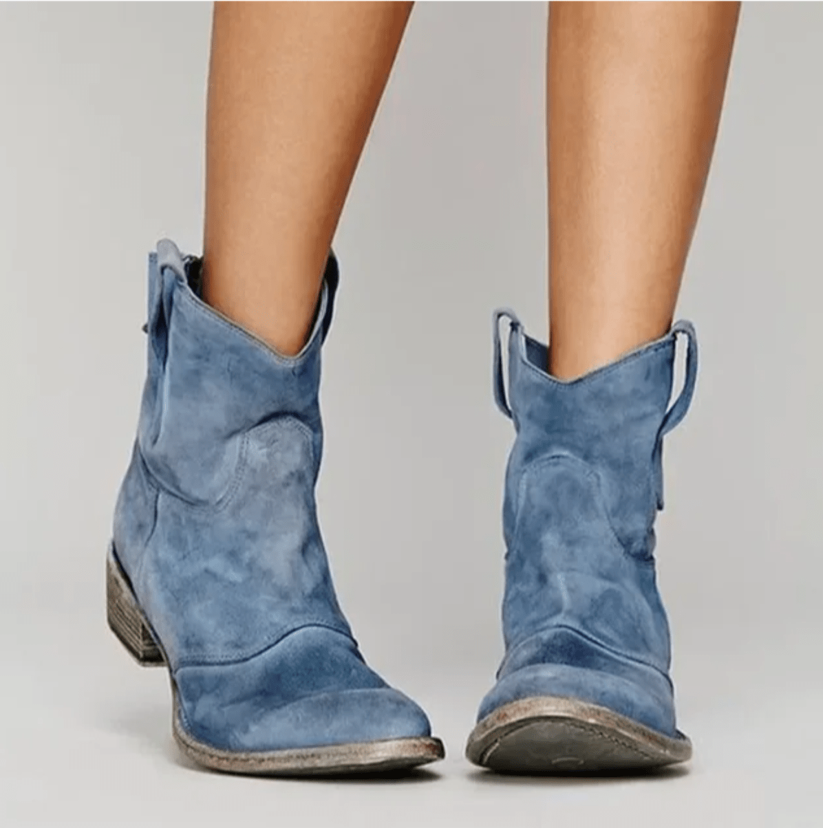Model wearing Charlotte western ankle boots: Blue for a Fresh Western Look