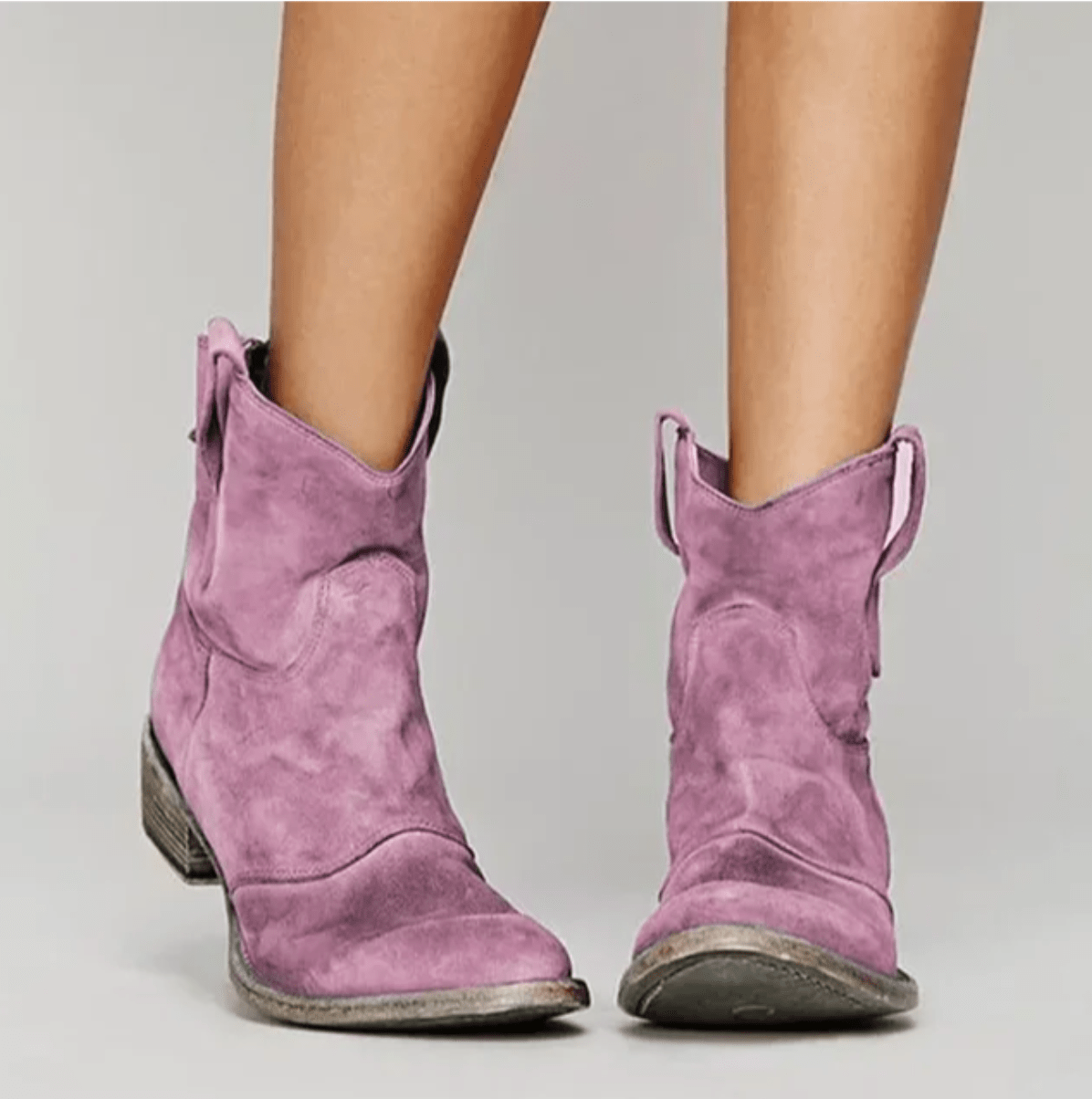 Model wearing Charlotte western ankle boots: Gray with Neutral Layers