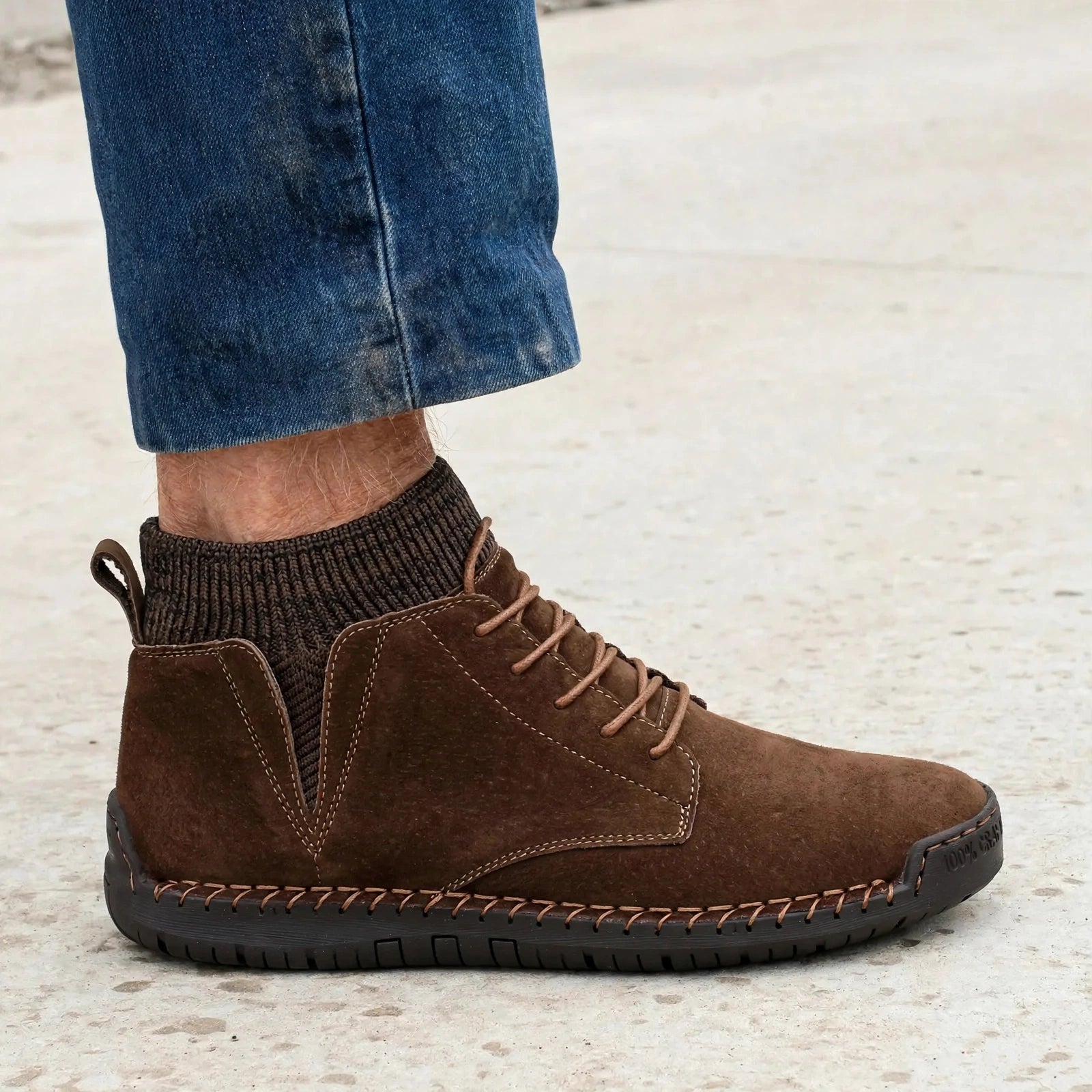 Model wearing Kellan ankle boots: Brown Boots, Side Profile