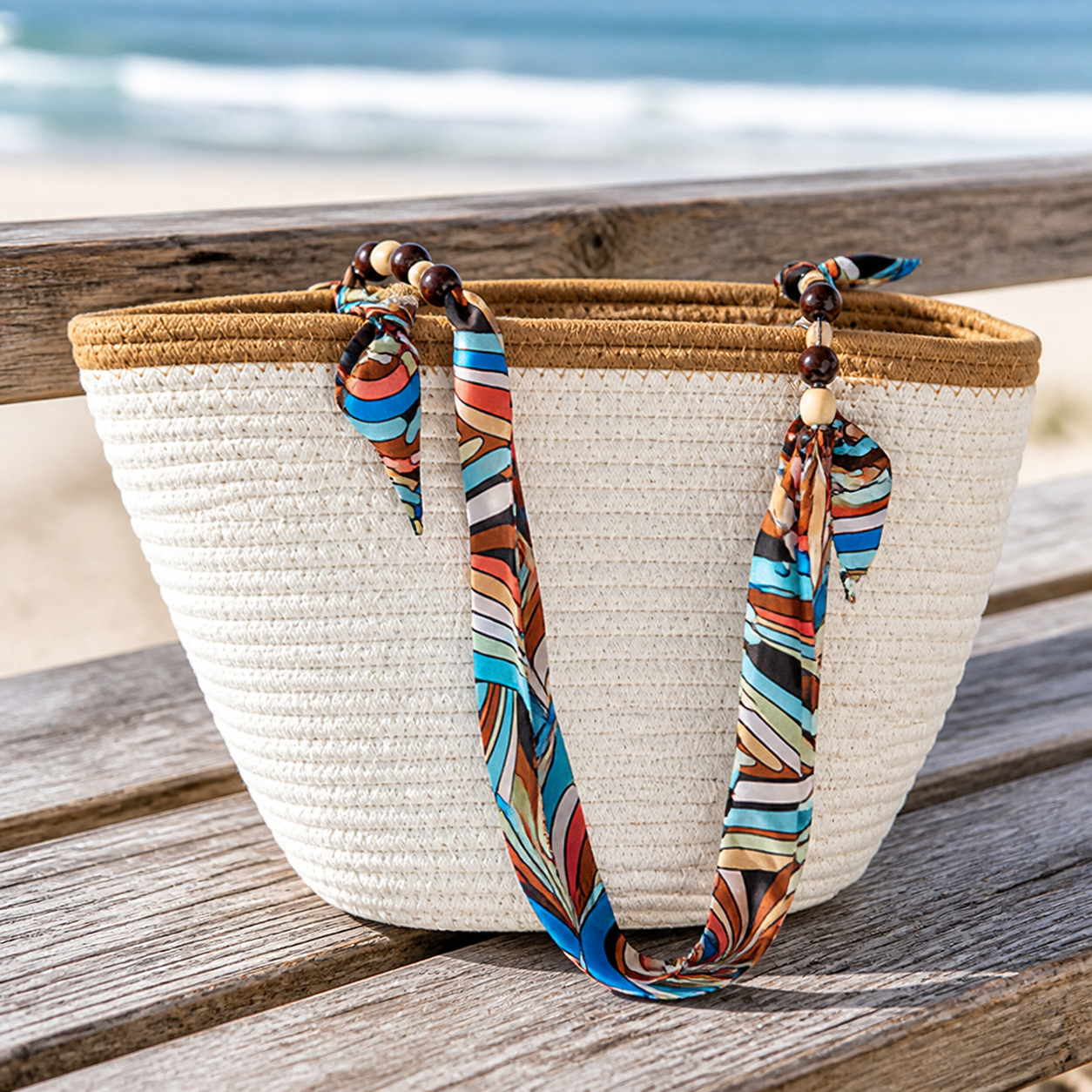 Ivory woven scarf-strap tote by the beach