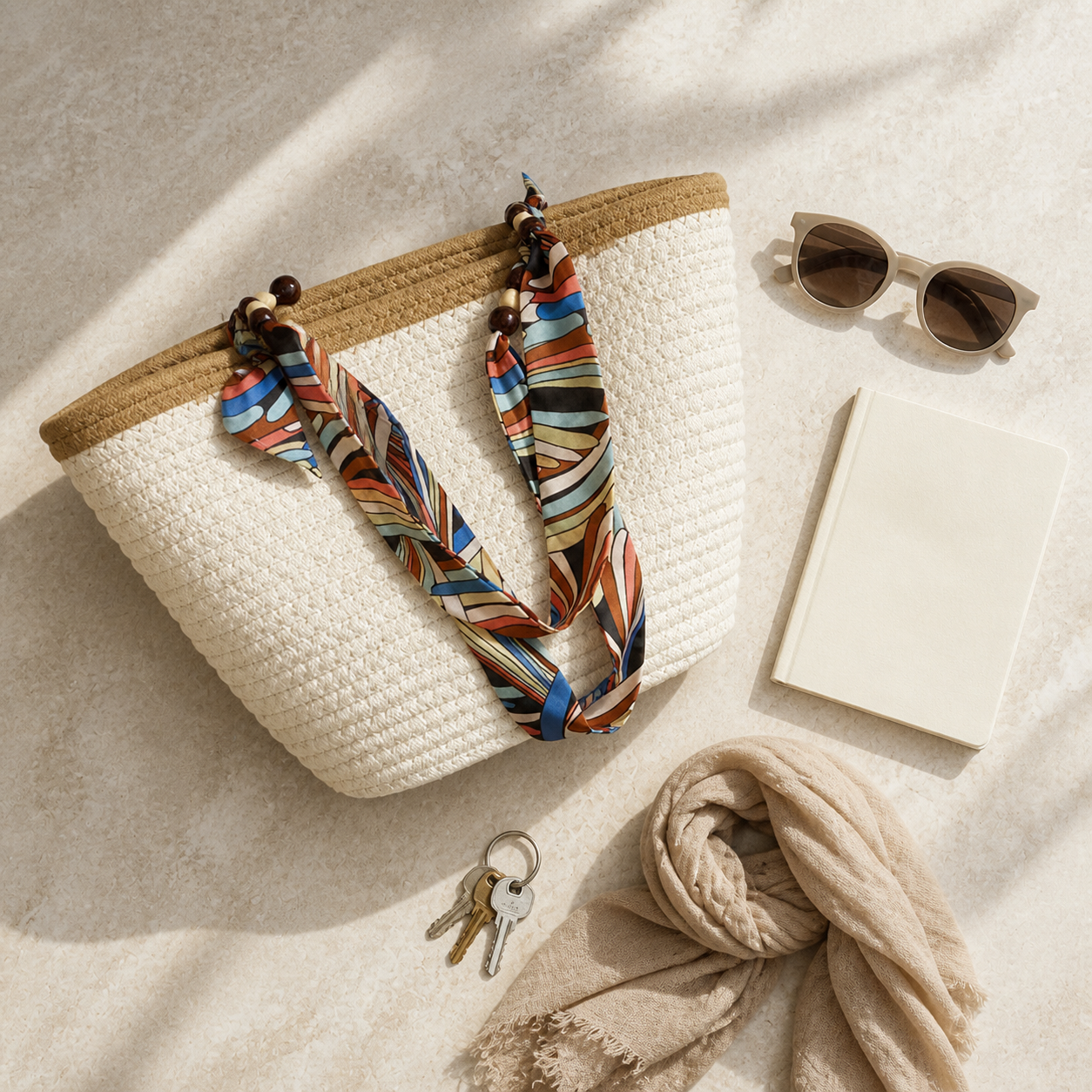 Close view of the woven tote texture and scarf strap