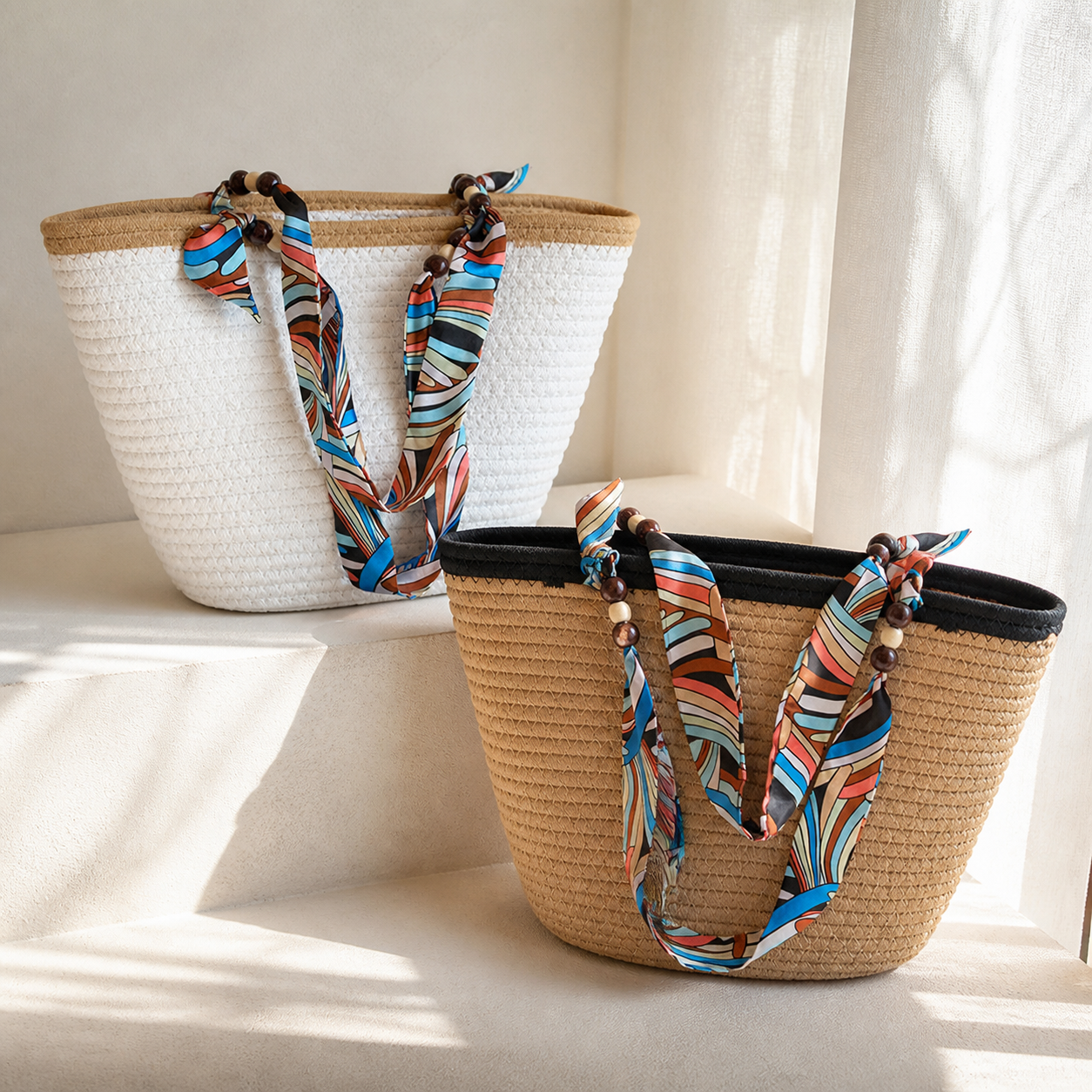 Ivory and natural Coastal Weave scarf-strap tote colorways