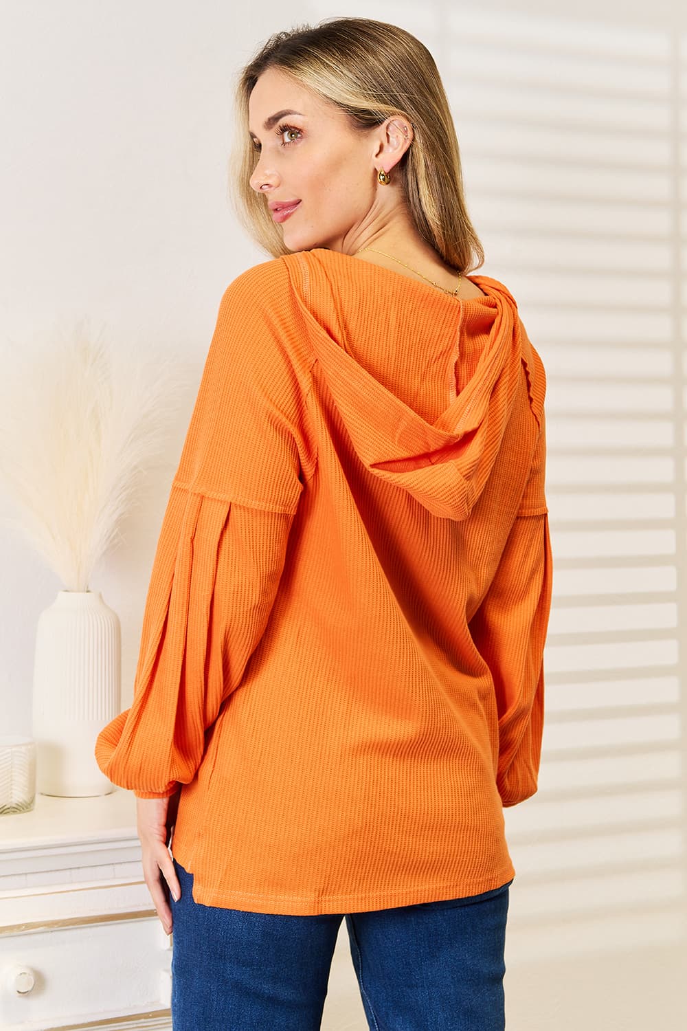 Orange waffle knit hoodie detail 2