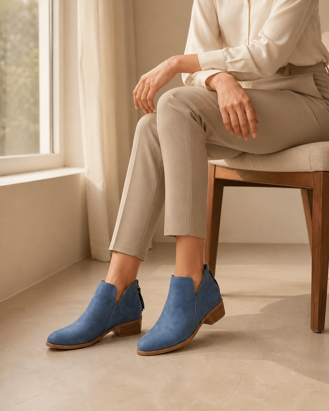 Women's V-Cut Side-Zip Ankle Boots shown in a second model-worn outfit
