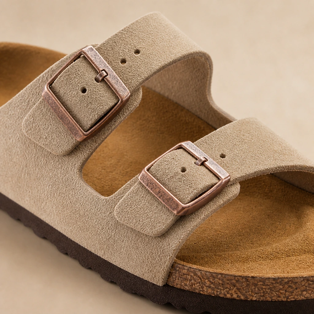 Close view of the two adjustable buckles on beige footbed sandals
