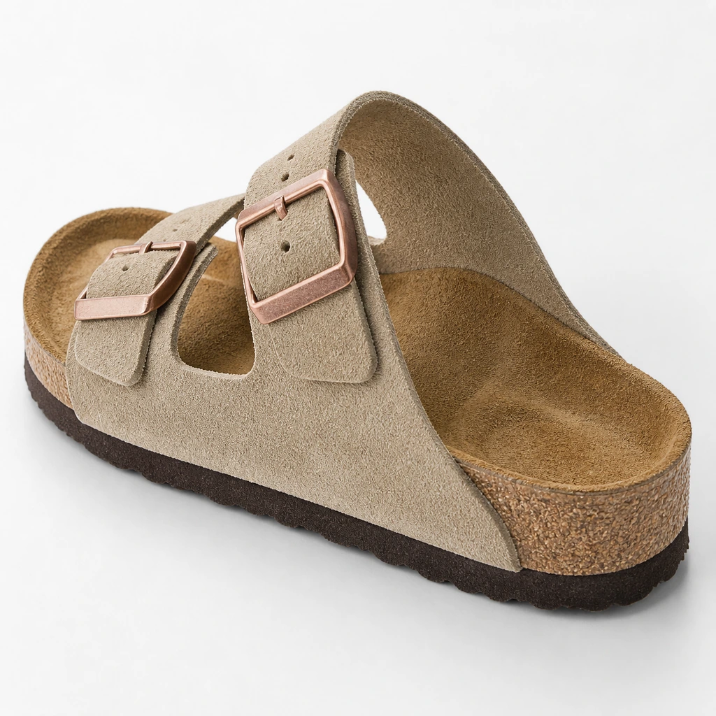 Contoured footbed and defined heel area of beige two-strap sandals