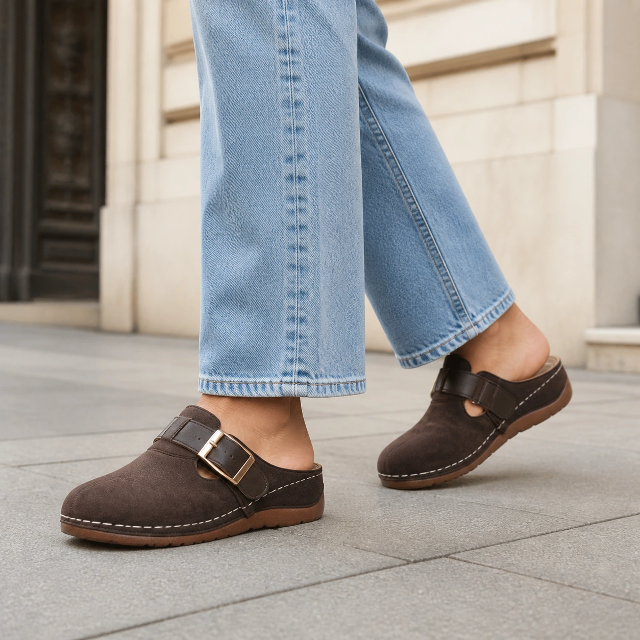 Pippin dark brown buckle clogs styled with cropped denim for a city walk