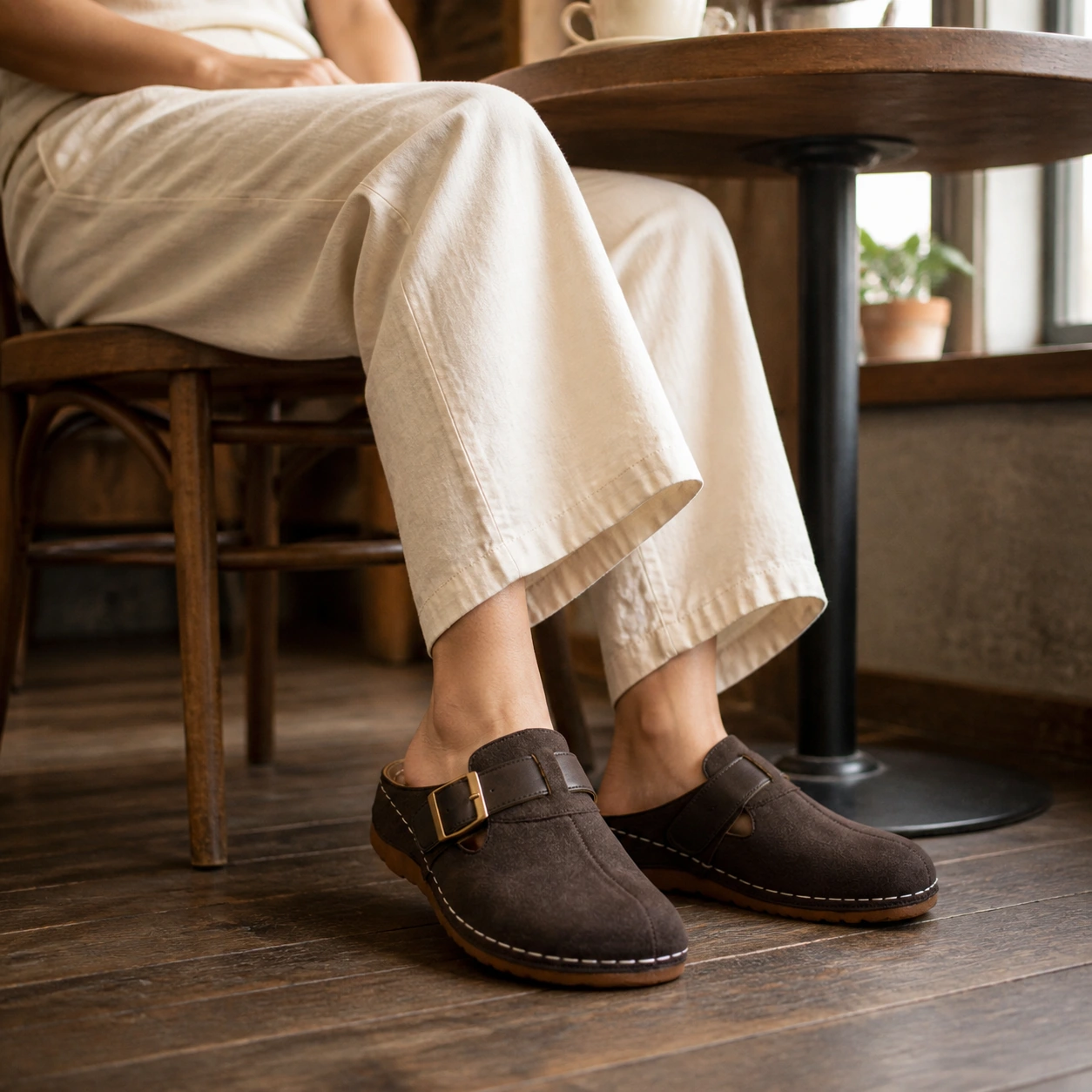 Pippin dark brown slip-on clogs worn with relaxed linen pants at an outdoor cafe