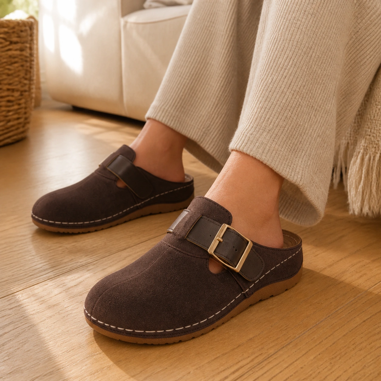 Pippin brown buckle clogs worn during a relaxed weekend at home