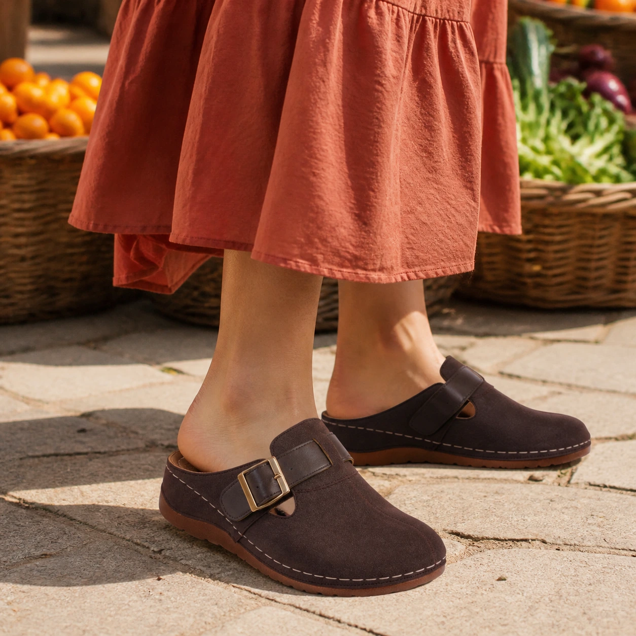 Model wearing Pippin brown buckle clogs: Saturday at the Farmers Market