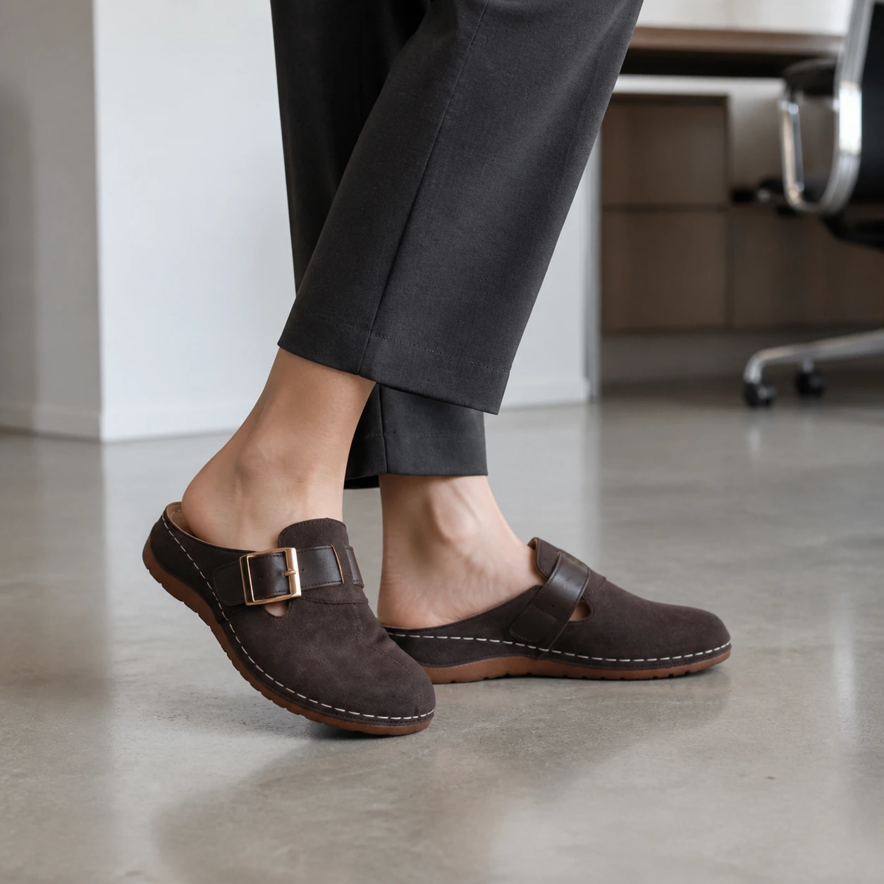 Model wearing Pippin brown buckle clogs: Casual Office-Day Style