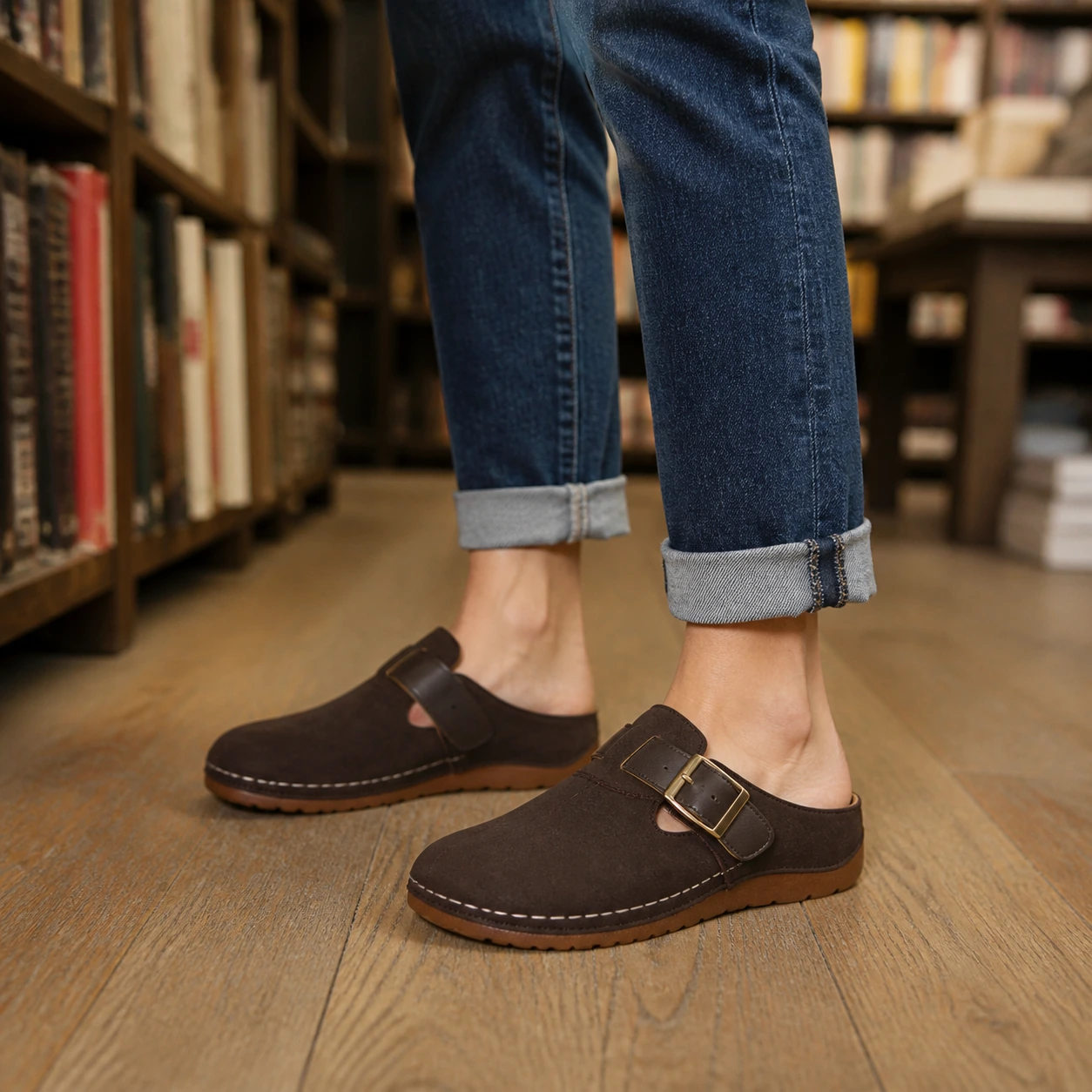 Model wearing Pippin brown buckle clogs: A Quiet Afternoon at the Bookstore