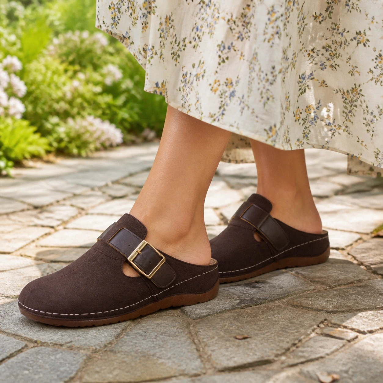 Model wearing Pippin brown buckle clogs: A Garden Stroll in a Summer Dress