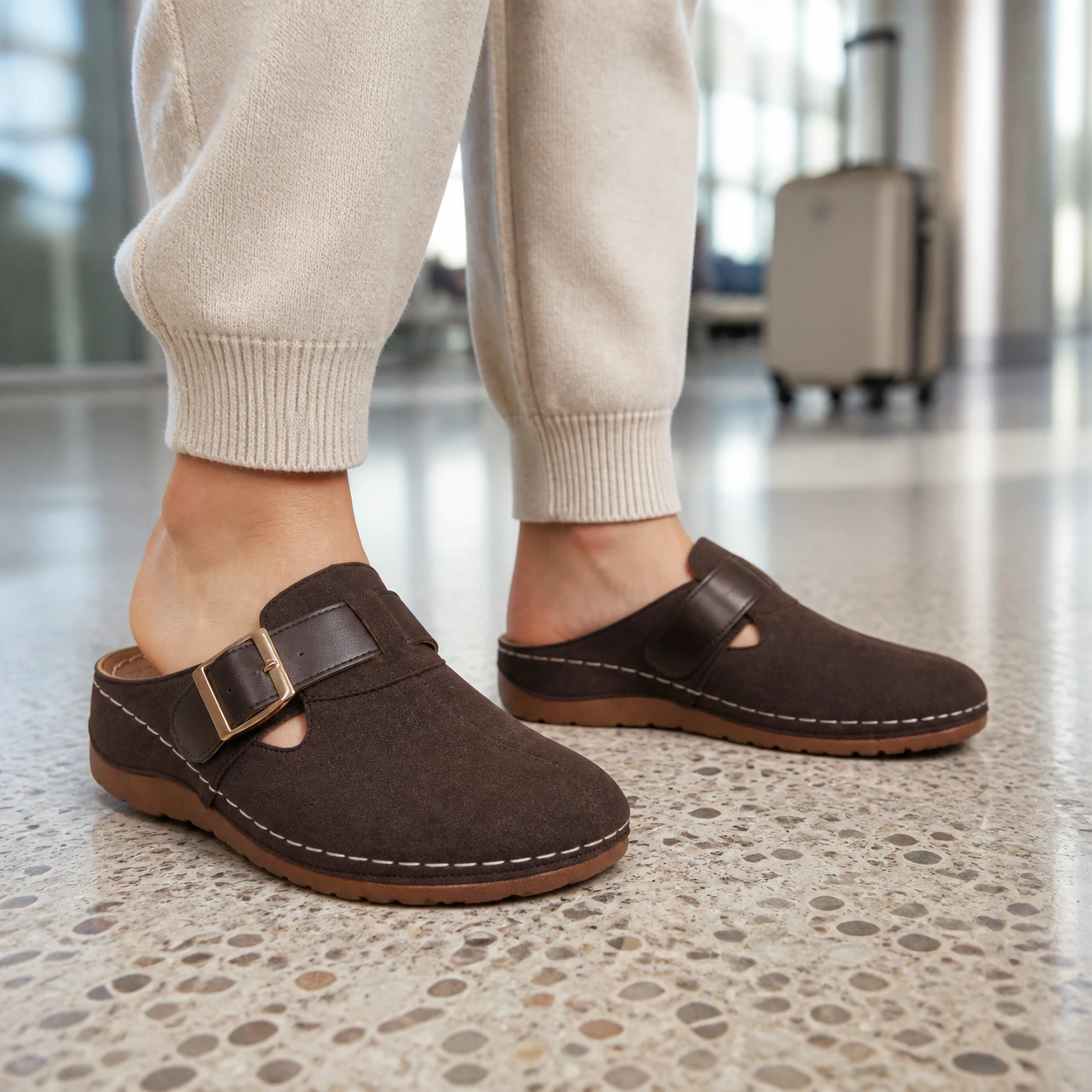 Model wearing Pippin brown buckle clogs: Travel-Day Comfort at the Airport