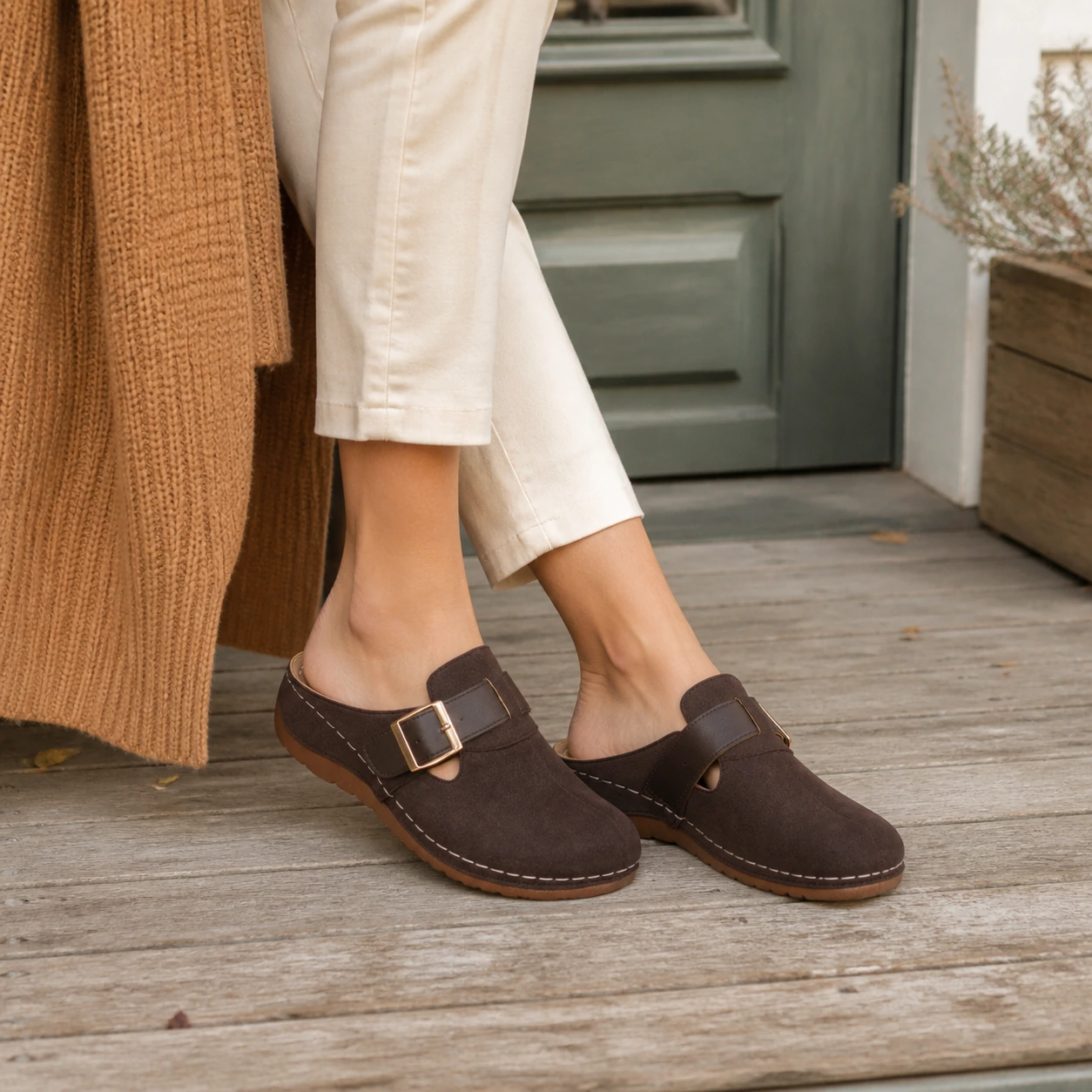 Model wearing Pippin brown buckle clogs: Slow Mornings on the Front Porch