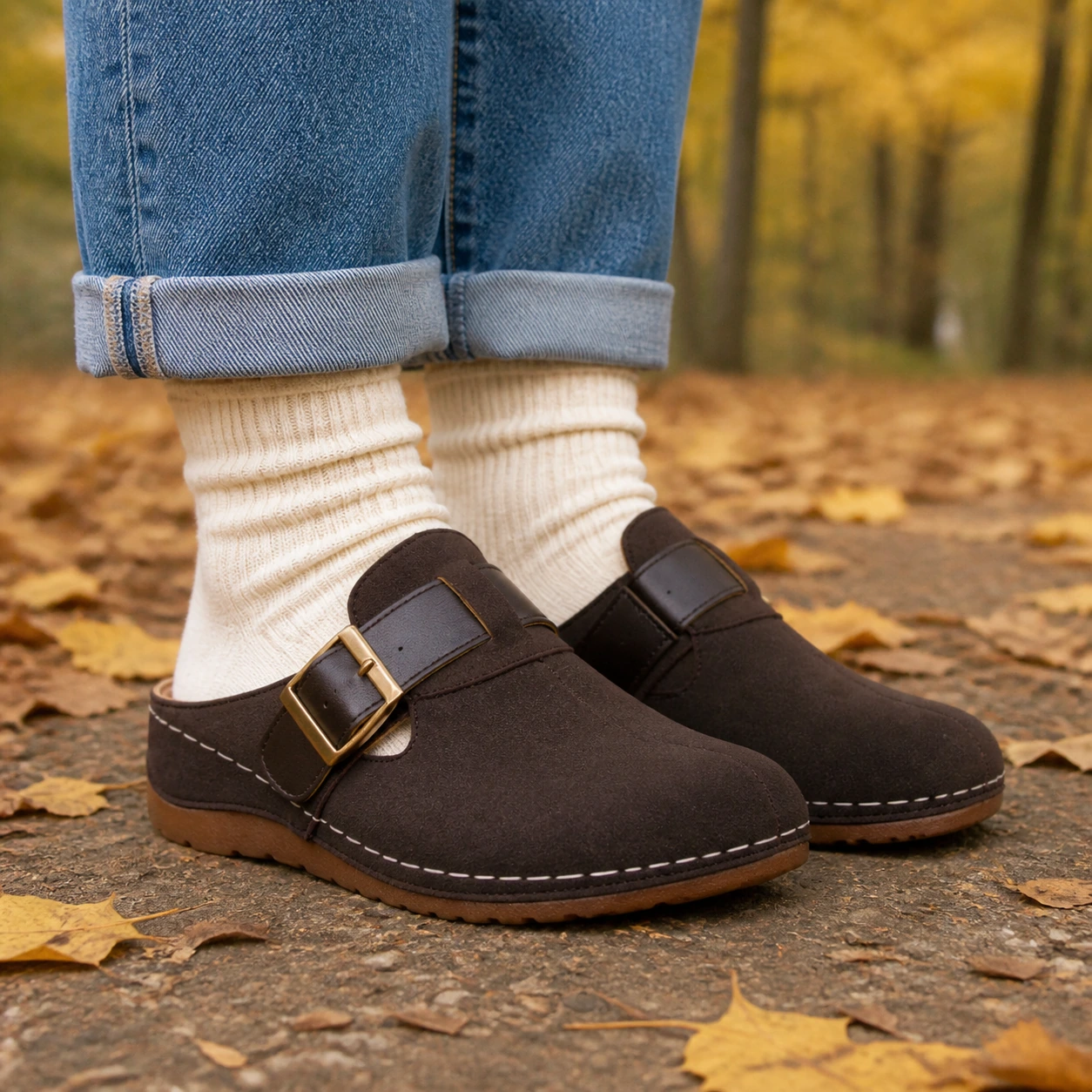 Model wearing Pippin brown buckle clogs: Autumn Colors at the Park