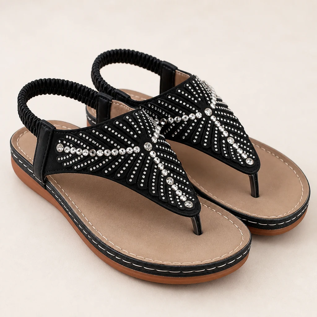 Black toe-post sandals with a radiating rhinestone fan upper