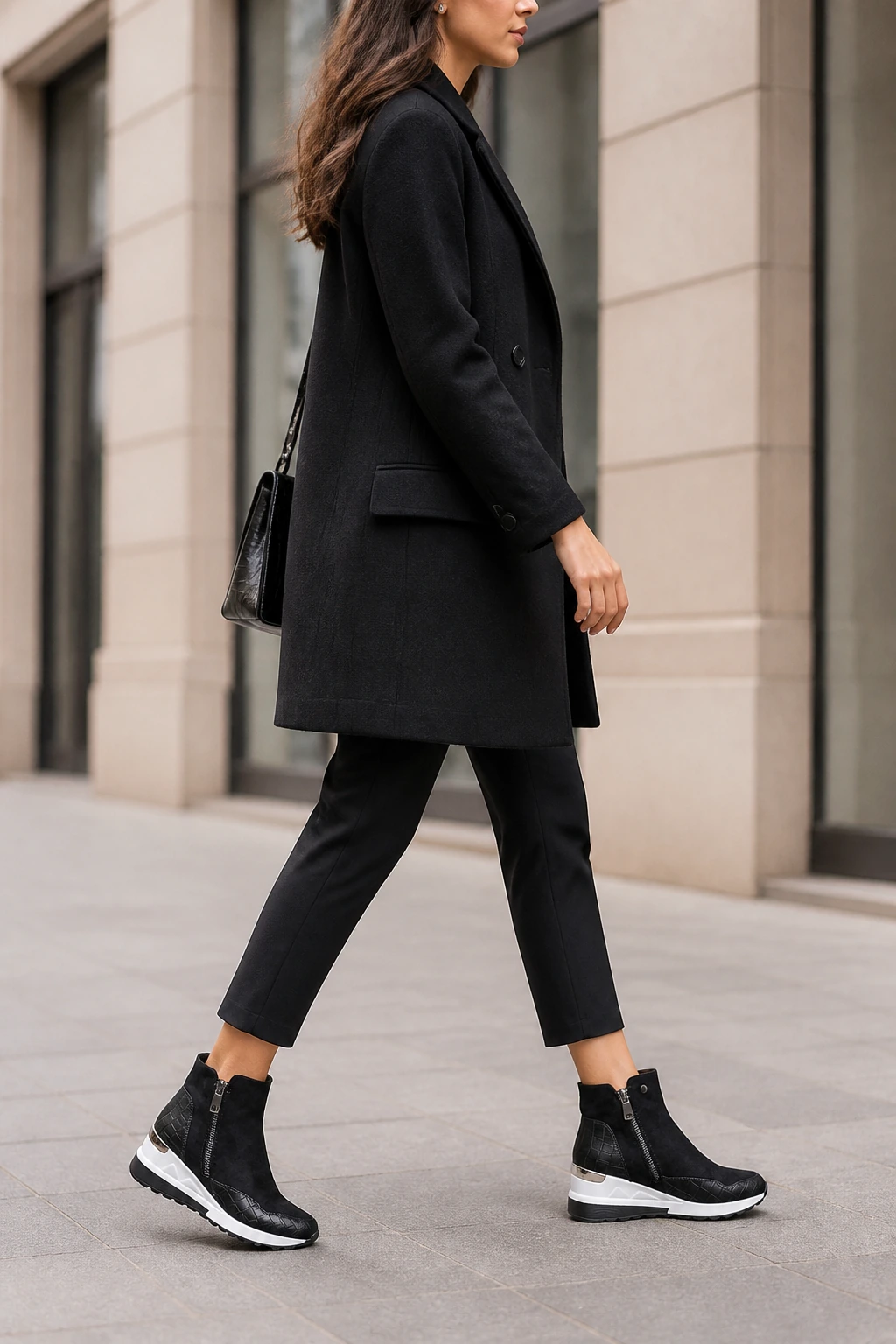 Women's Side-Zip Sport Wedge Ankle Boots shown in a second model-worn outfit