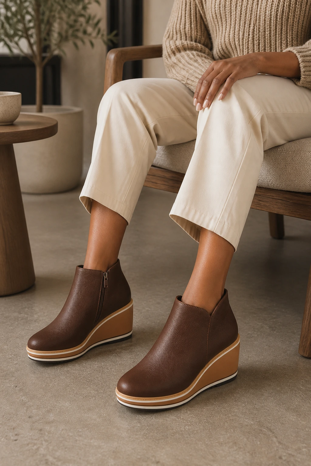 Women's Side-Zip Wedge Ankle Boots shown in a second model-worn outfit