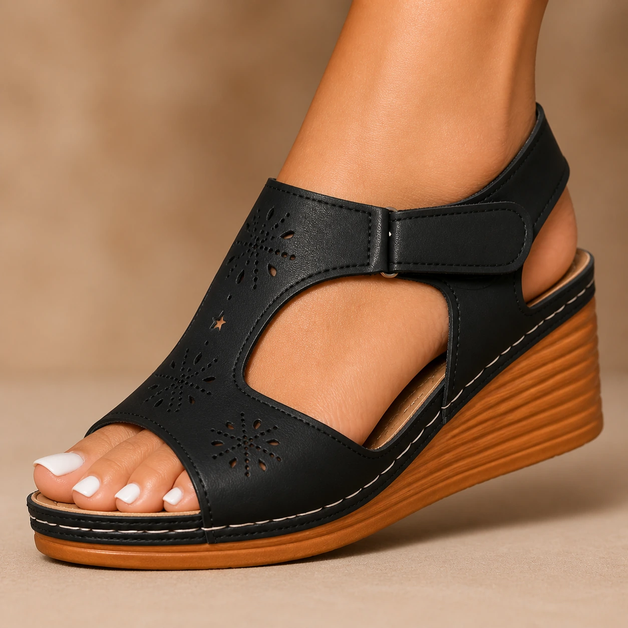 Black Meadowcut wedge sandals showing floral cutouts and sculpted wedge details