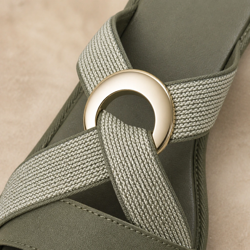 Close view of crossed textured straps through the gold-tone O-ring