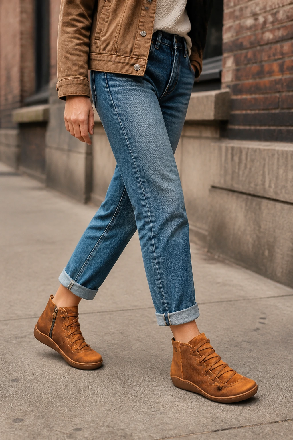 Harper Strap-Front Side-Zip Ankle Boots styled on a model