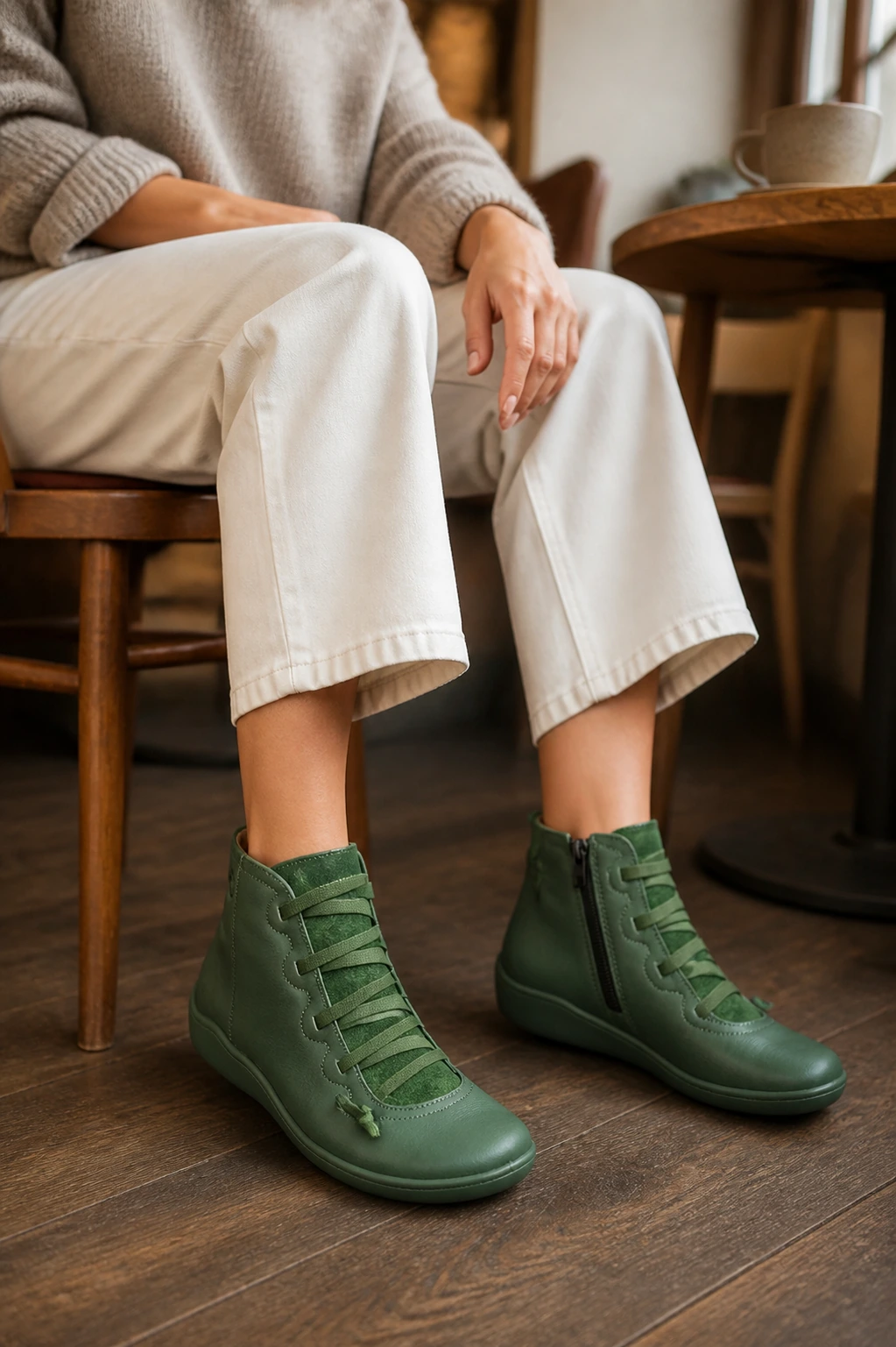 Harper Strap-Front Side-Zip Ankle Boots shown in a second model-worn outfit