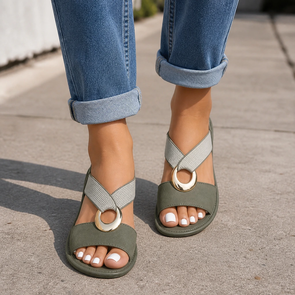 Green O-ring slides styled with cuffed jeans