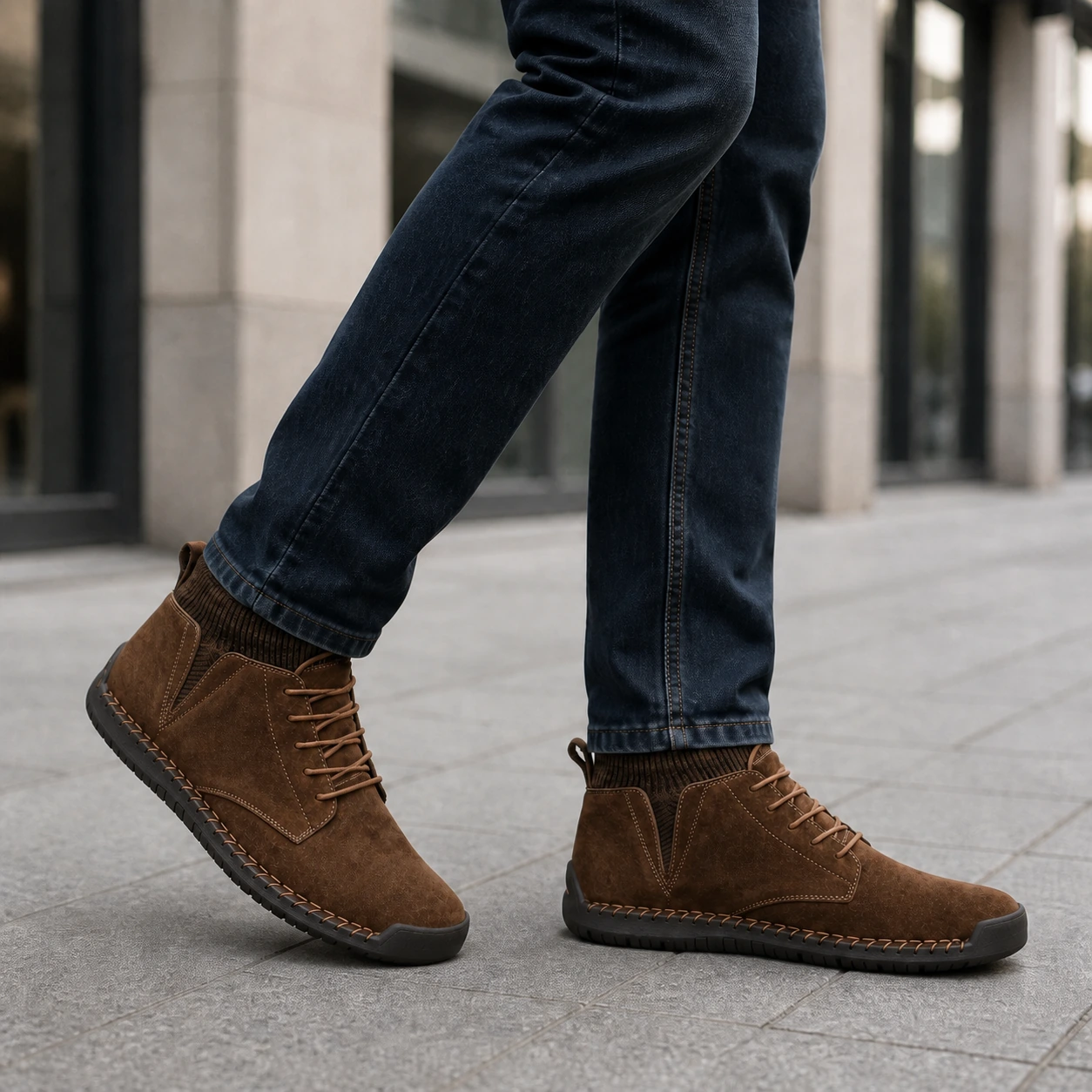 Man wearing brown Kellan lace-up ankle boots with denim in the city